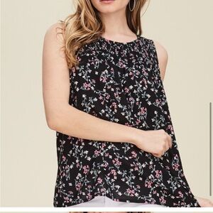 Solitaire Pink and Black Floral swing top, neckline smocking-Size M